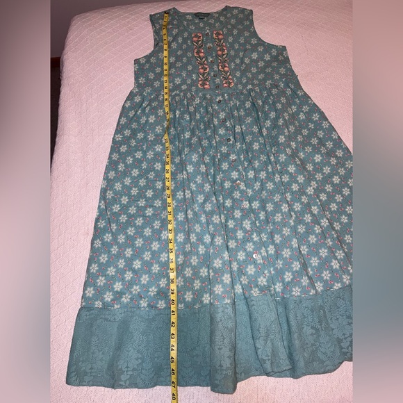 April Cornell Floral Embroidered Button Front Midi Dress Blue Lace Trim Large - Picture 11 of 14